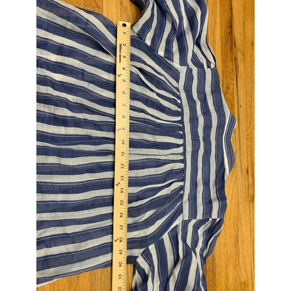 Banana Republic Blue White Striped Ramie Blouse Tall Medium Short Puff Sleeve